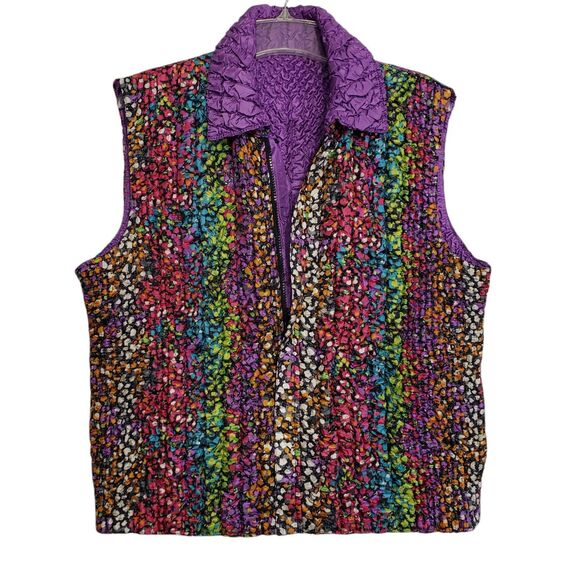 Woman's Colorful Reversible full Zip Crinkly Vest Jacket, Size Est. Medium - Picture 1 of 10